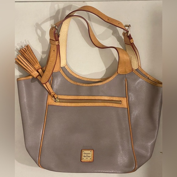 Dooney and Bourke gray & tan leather double strap zipper tassel shoulder bag - Picture 3 of 16